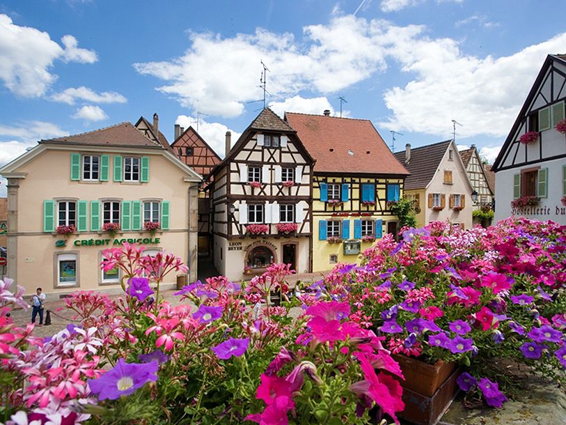 Alsace bugner af bindingsværk og smukke blomster